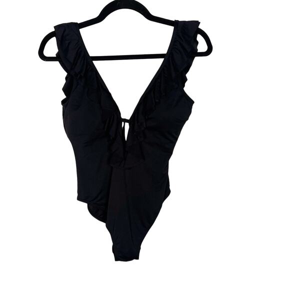 Michael Kors Womens 10 Black Ruffle Deep V Neck One Piece Swim Suit Tie Back - Picture 1 of 10